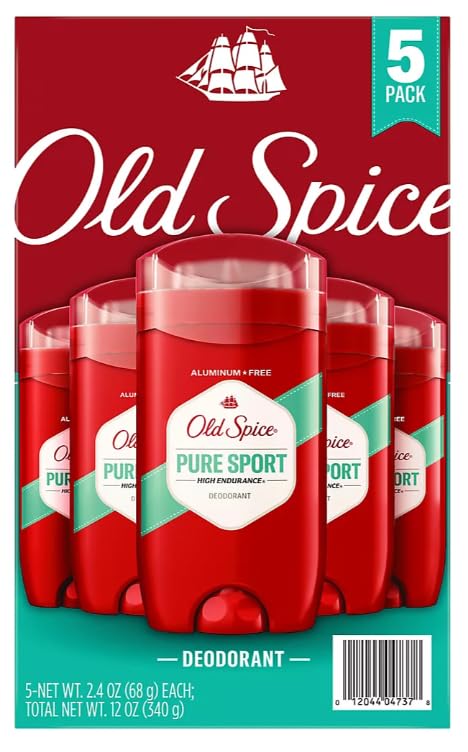 Old Spice High Endurance Pure Sport packaging displayed, featuring durable design and US origin.