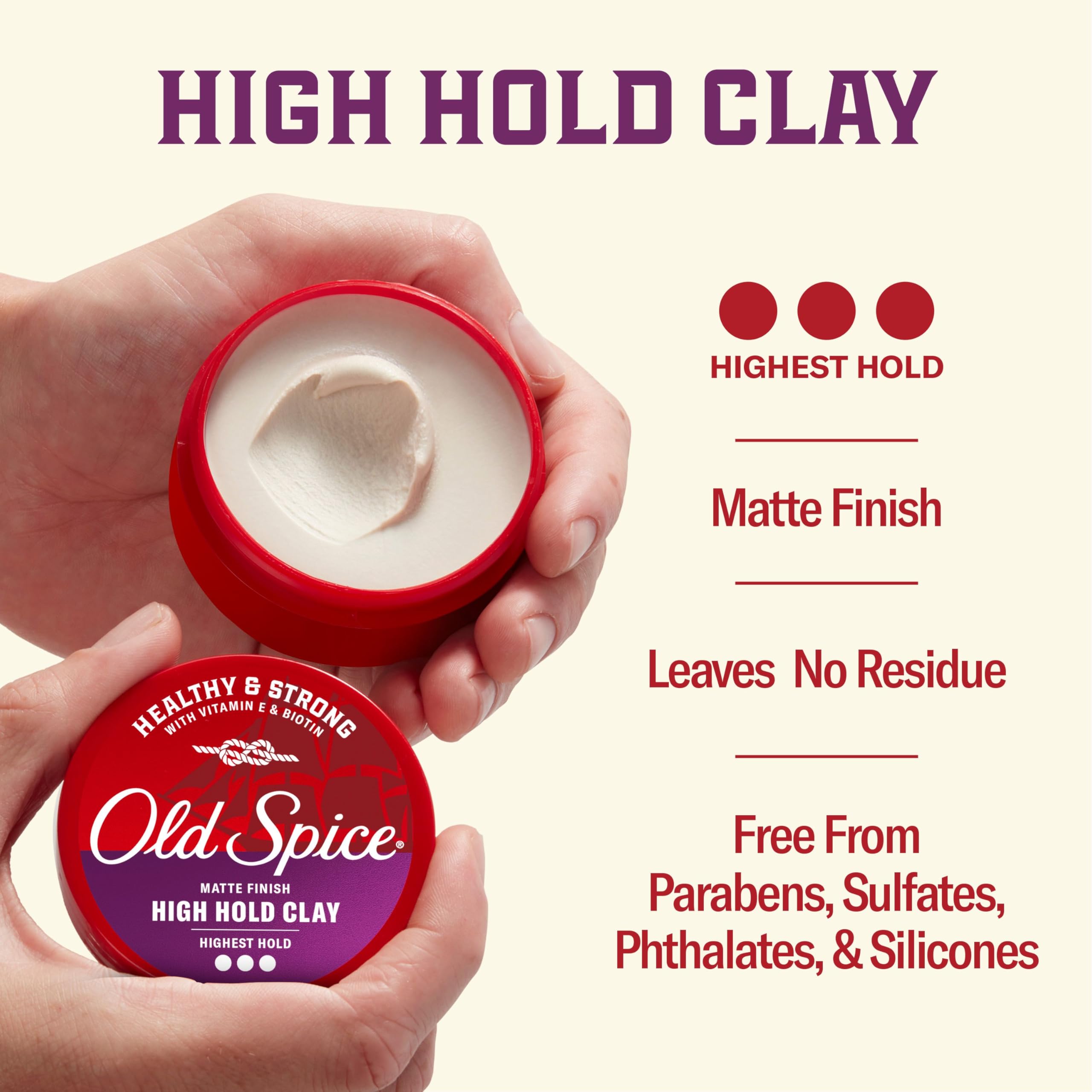 Rendimiento duradero y estilo pulido con Old Spice High Hold Clay.