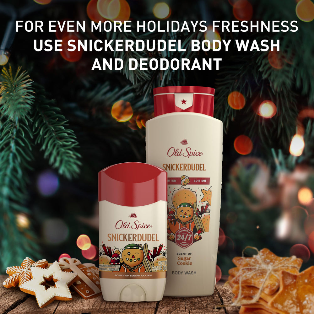 Old Spice Holidude 16oz bottle on bathroom shelf emphasizes long-lasting scent.