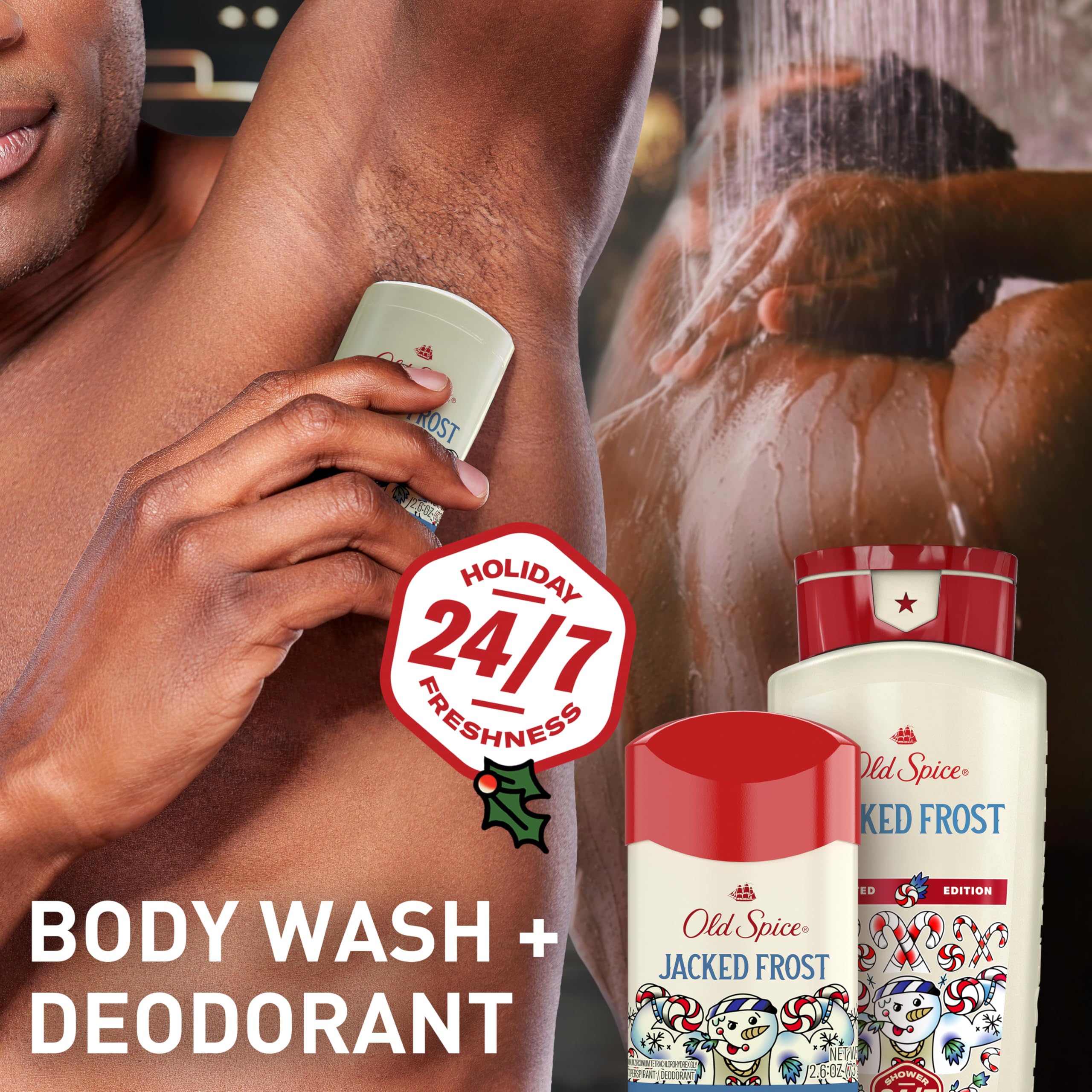 Old Spice Holidude Menta Helada, frasco en primer plano, sensación fresca durante la ducha.