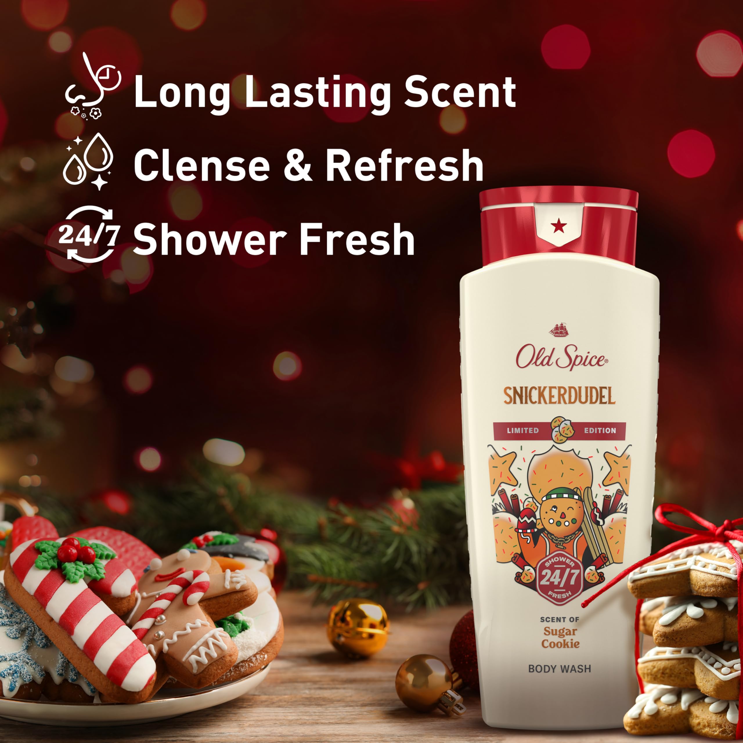 Old Spice Holidude Snickerdudel bottle delivers warm Sugar Cookie vibes with lasting holiday aroma.