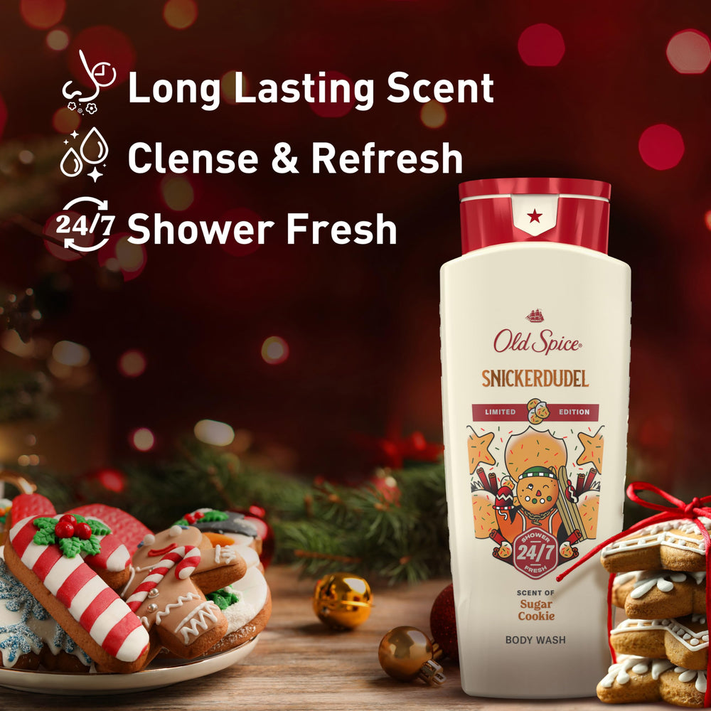 Old Spice Holidude Snickerdudel bottle delivers warm Sugar Cookie vibes with lasting holiday aroma.