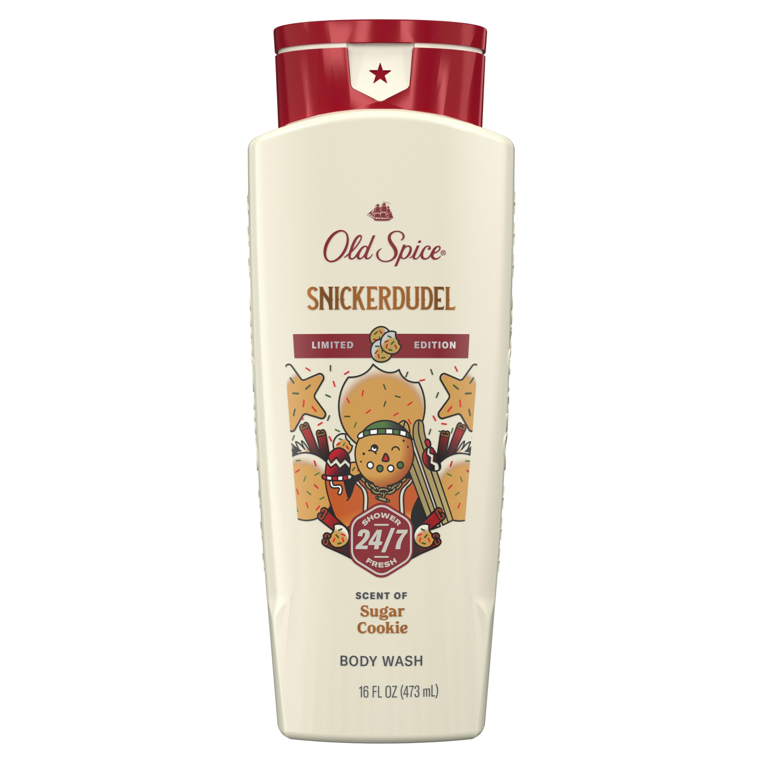 Old Spice Holidude Sugar Cookie bottle showcases festive fragrance for all-day freshness.