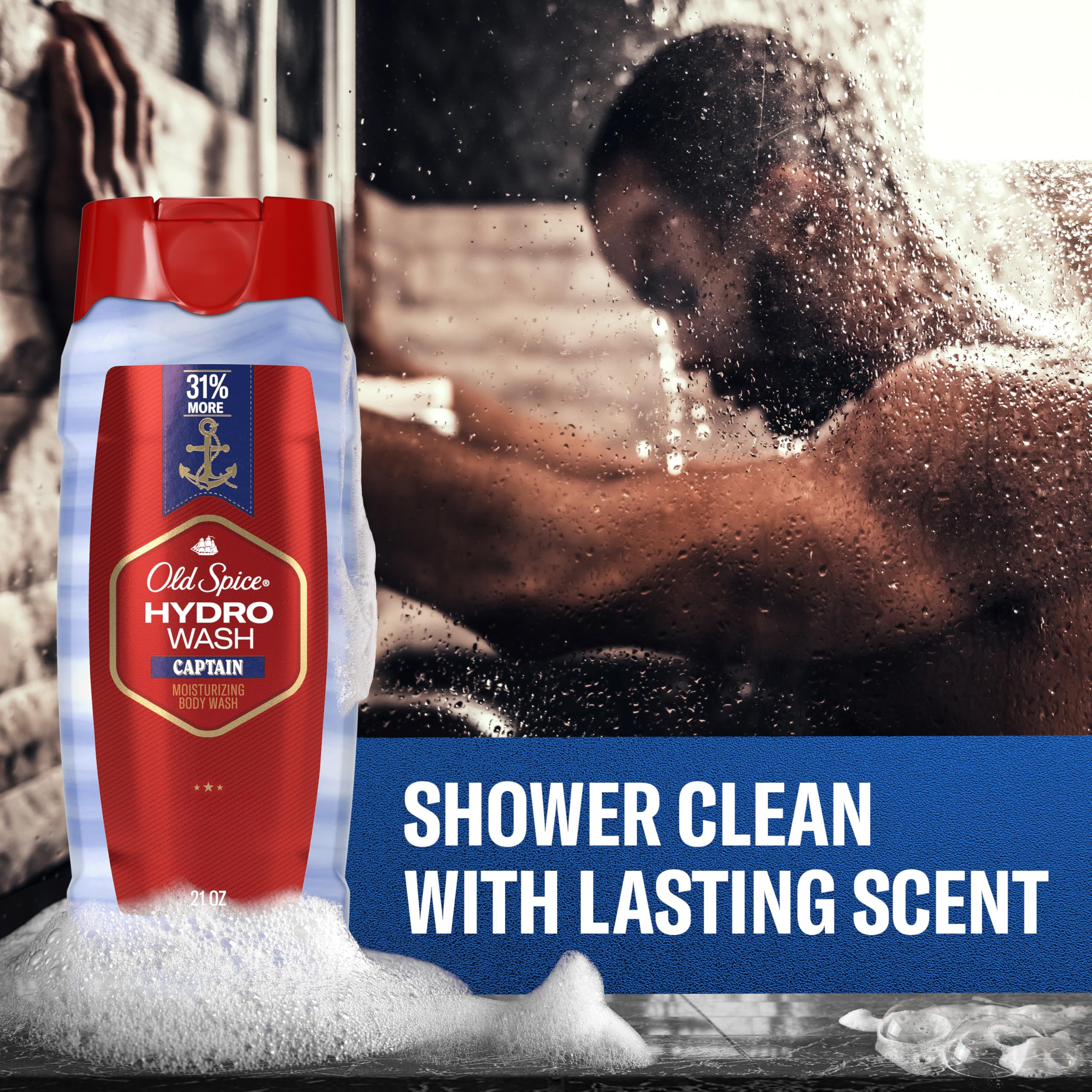 Rich foam from Old Spice Hydro Wash lathering on skin