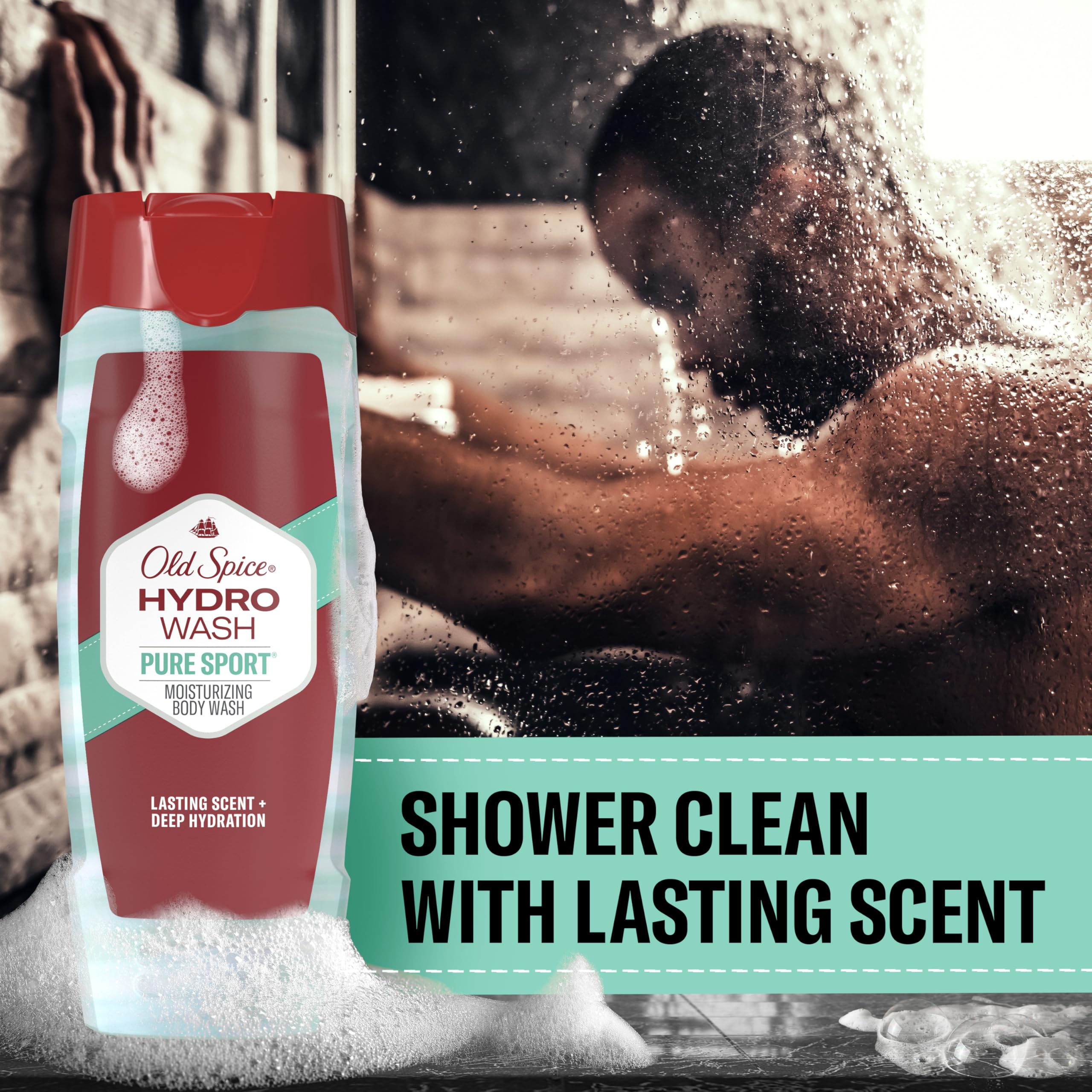 Old Spice Hydro Wash label close-up with Pure Sport Plus packaging.