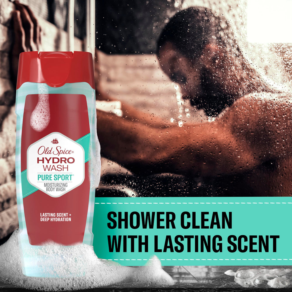 Old Spice Hydro Wash label close-up with Pure Sport Plus packaging.