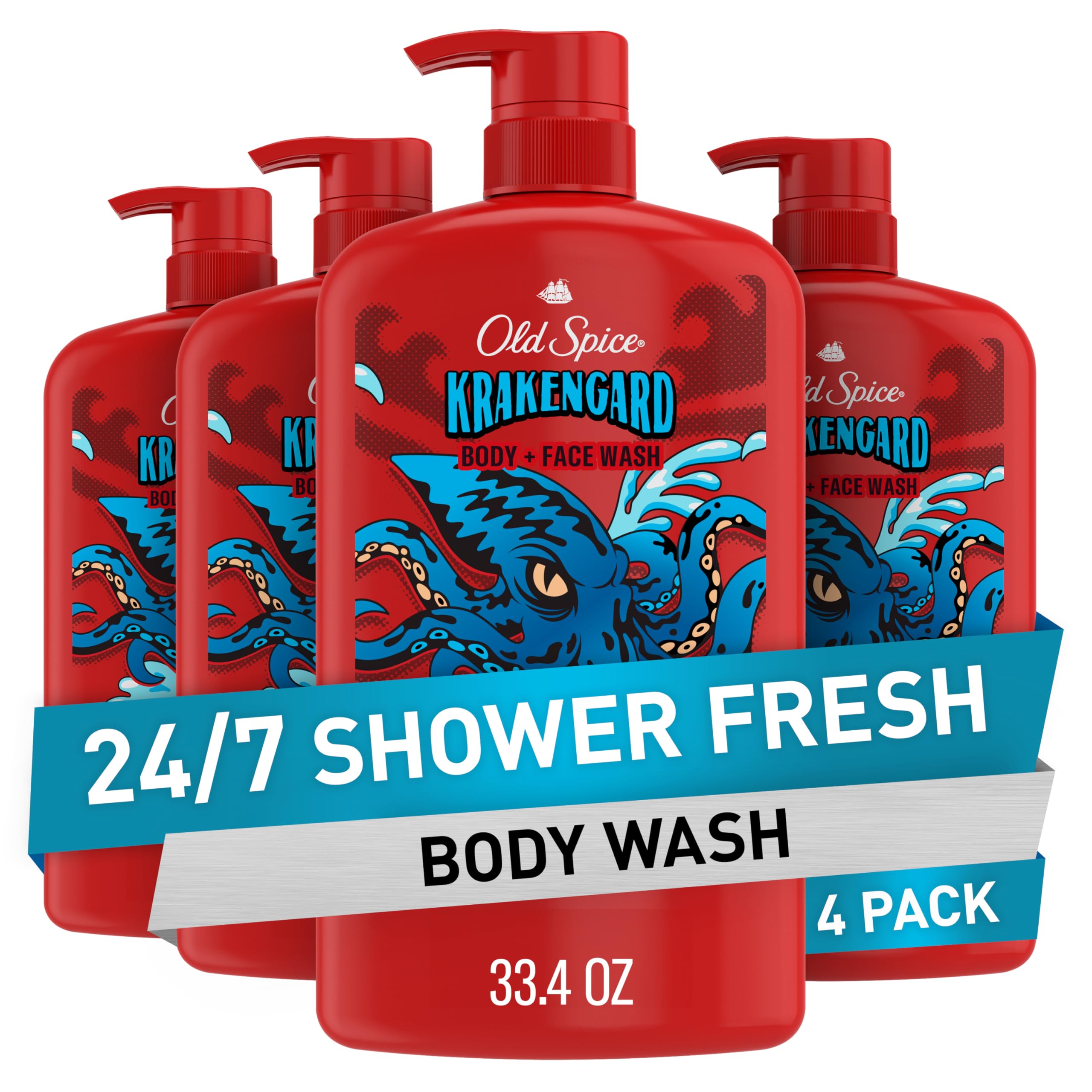 Old Spice Krakengard bottle front with rugged design and lasting scent.