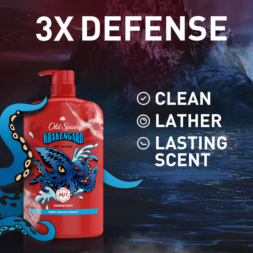 Old Spice Krakengard bottle side label highlighting 3X Defense.