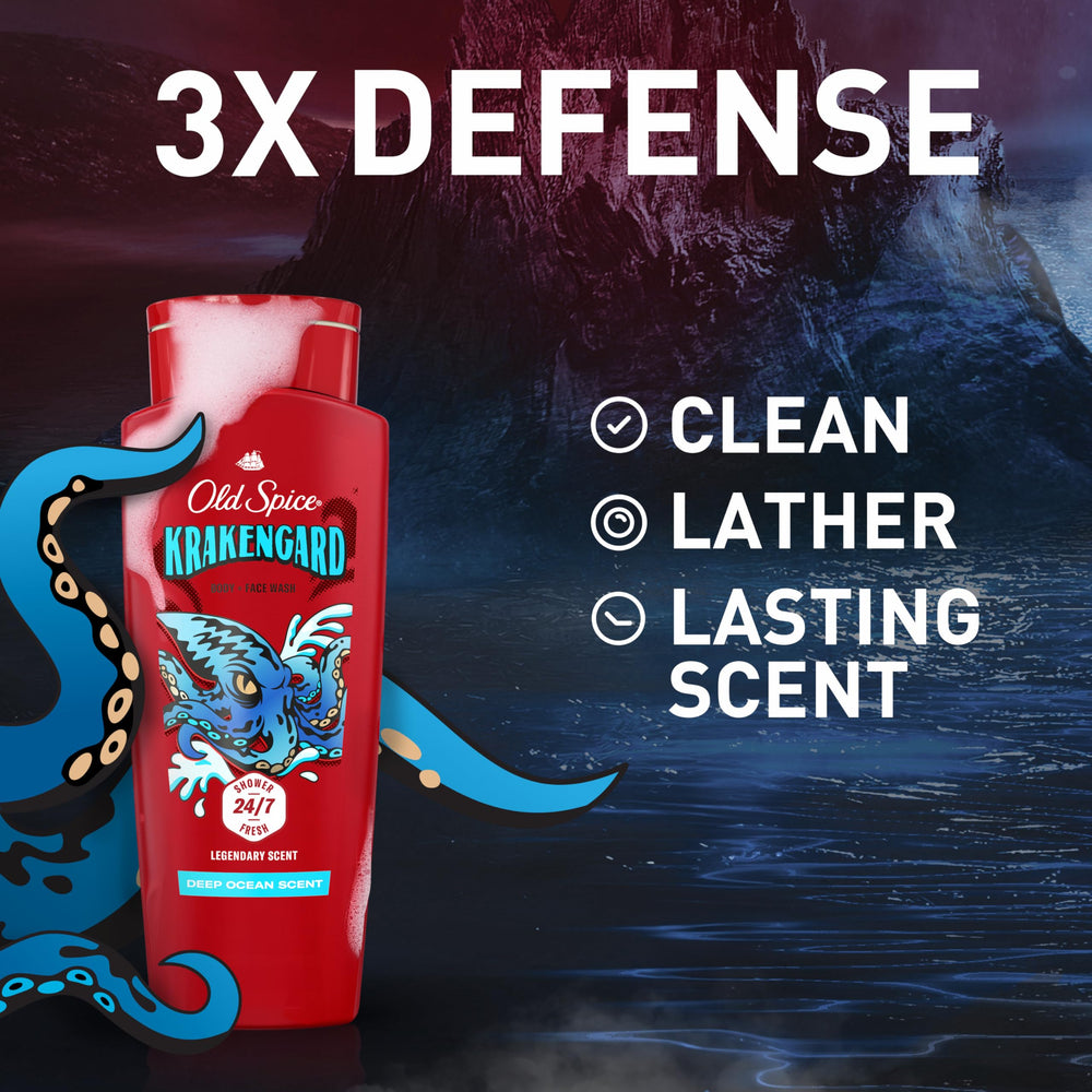 Old Spice Krakengard foam lather highlighting rich cleansing for a thorough shower