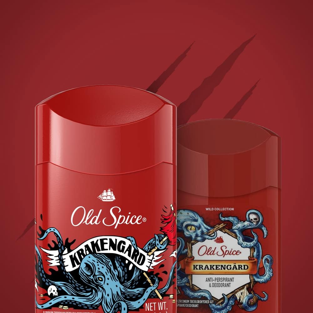 Old Spice Krakengard sea-themed label evokes adventure, ideal for active lifestyles.