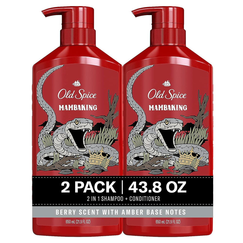 Old Spice MambaKing: vista frontal de la botella, solución 2 en 1 para cabello limpio y fresco.