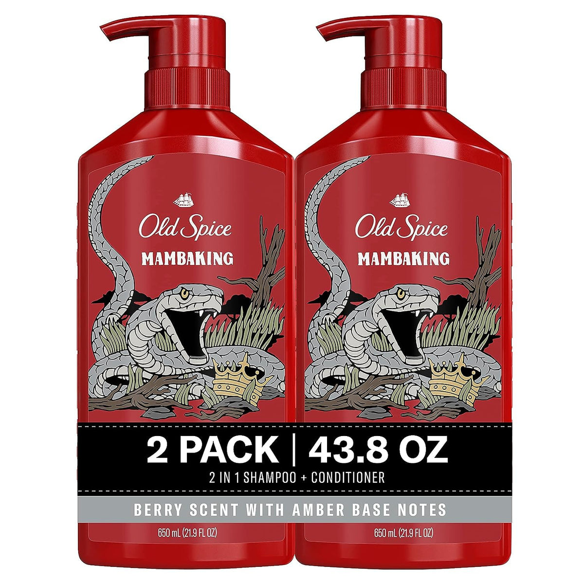 Old Spice MambaKing: vista frontal de la botella, solución 2 en 1 para cabello limpio y fresco.