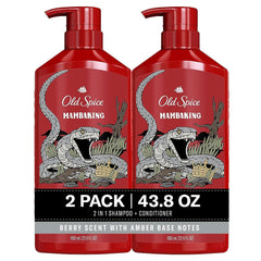 Old Spice MambaKing: vista frontal de la botella, solución 2 en 1 para cabello limpio y fresco.