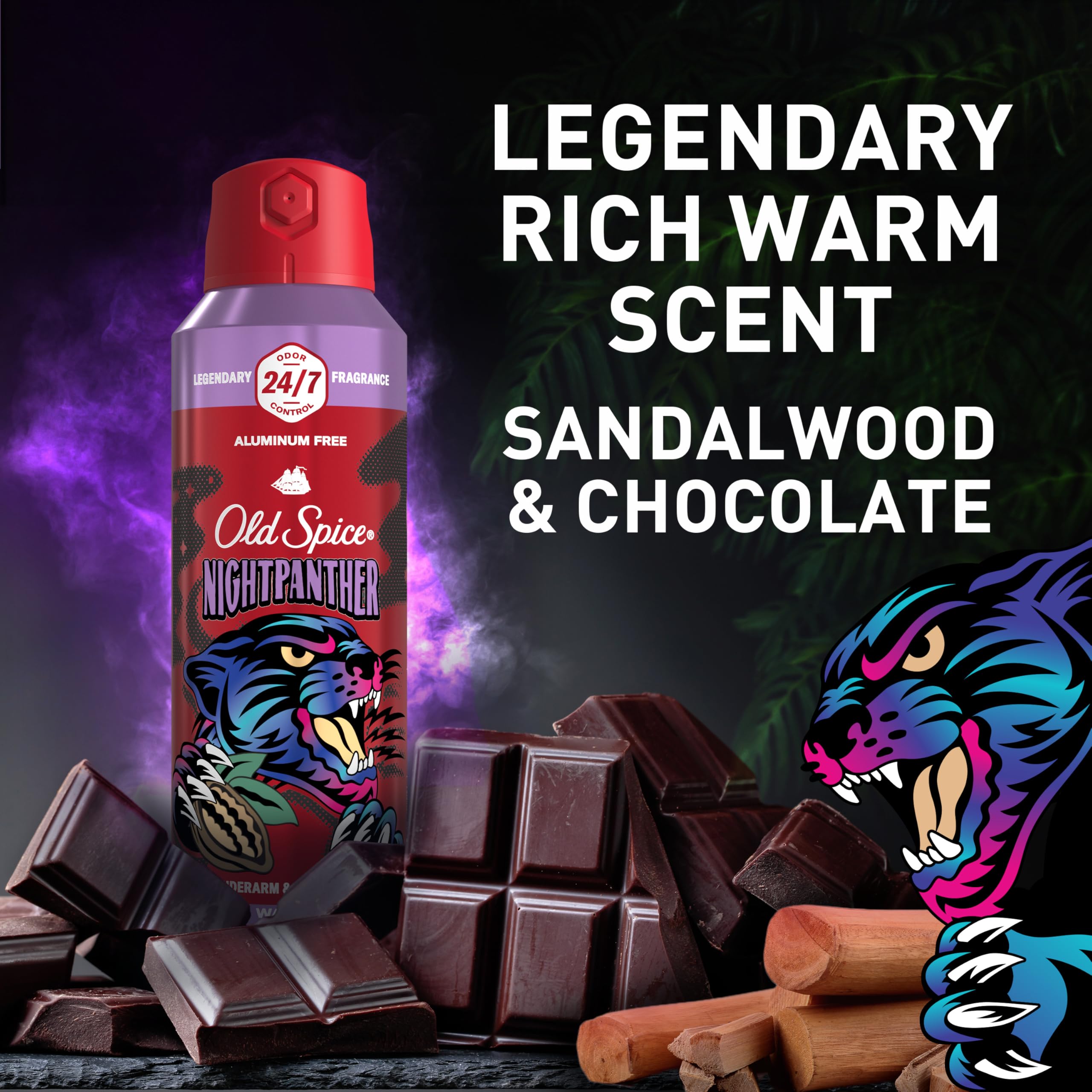 Old Spice Night Panther spicy citrus and herbs with chocolate.