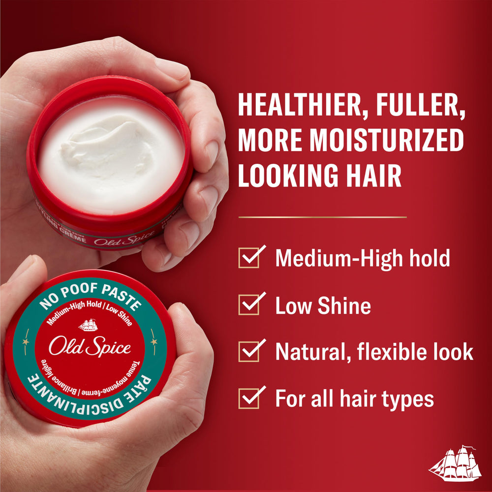 Aplicación de Old Spice No-Poof Paste en cabello húmedo para fijación duradera.