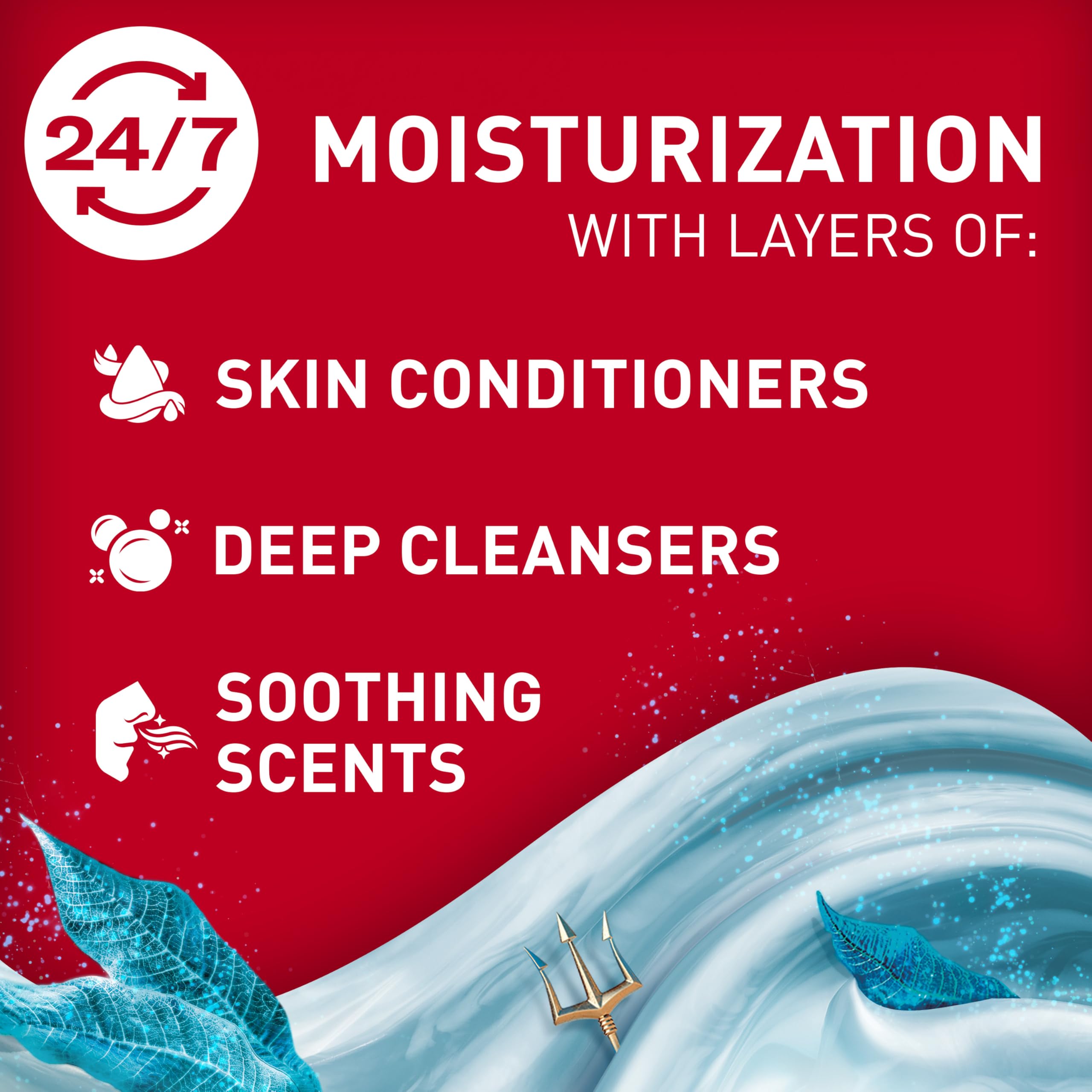 Etiqueta con olas y algas que sugiere la fragancia oceánica de Old Spice.