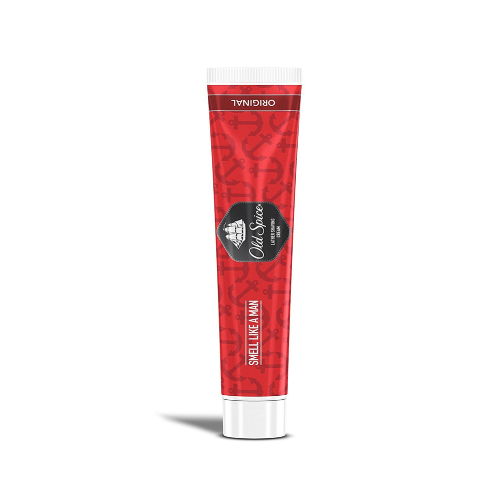 Application of Old Spice shaving cream on skin for a close shave.
