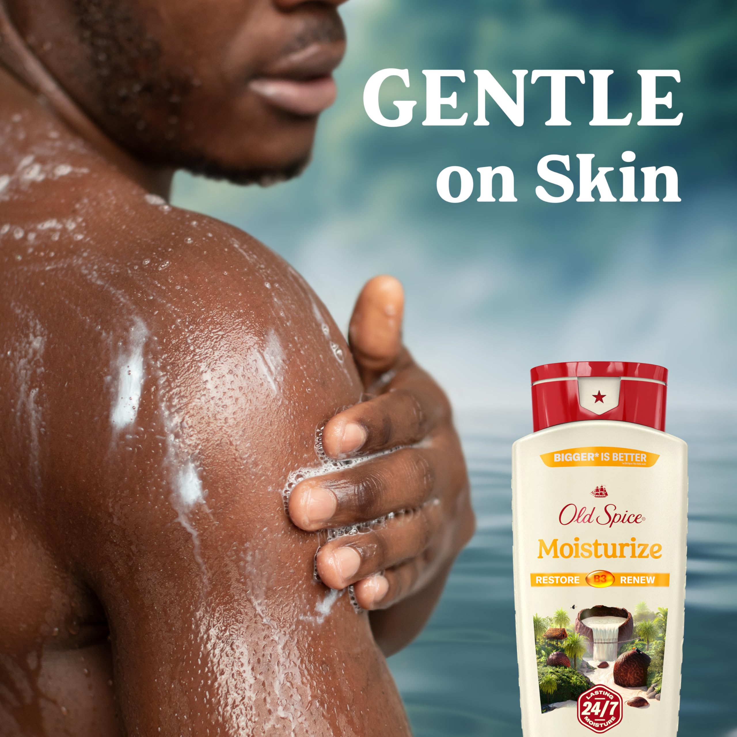 Old Spice shea butter imagery highlighting skin hydration after shower