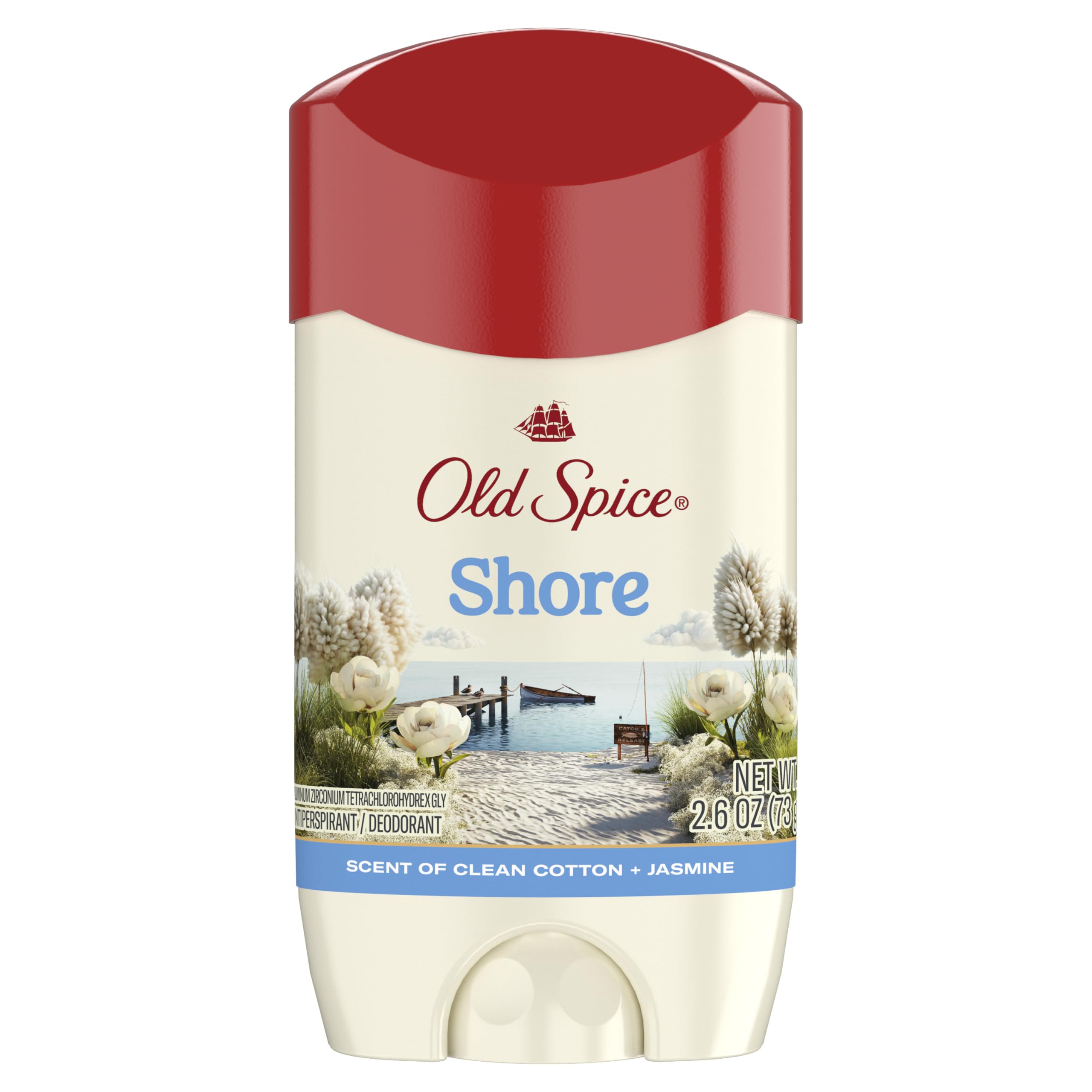 Old Spice Shore deodorant close-up reveals Clean Cotton Jasmine notes.