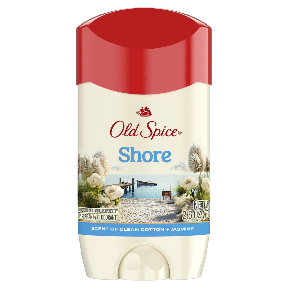 Old Spice Shore deodorant close-up reveals Clean Cotton Jasmine notes.