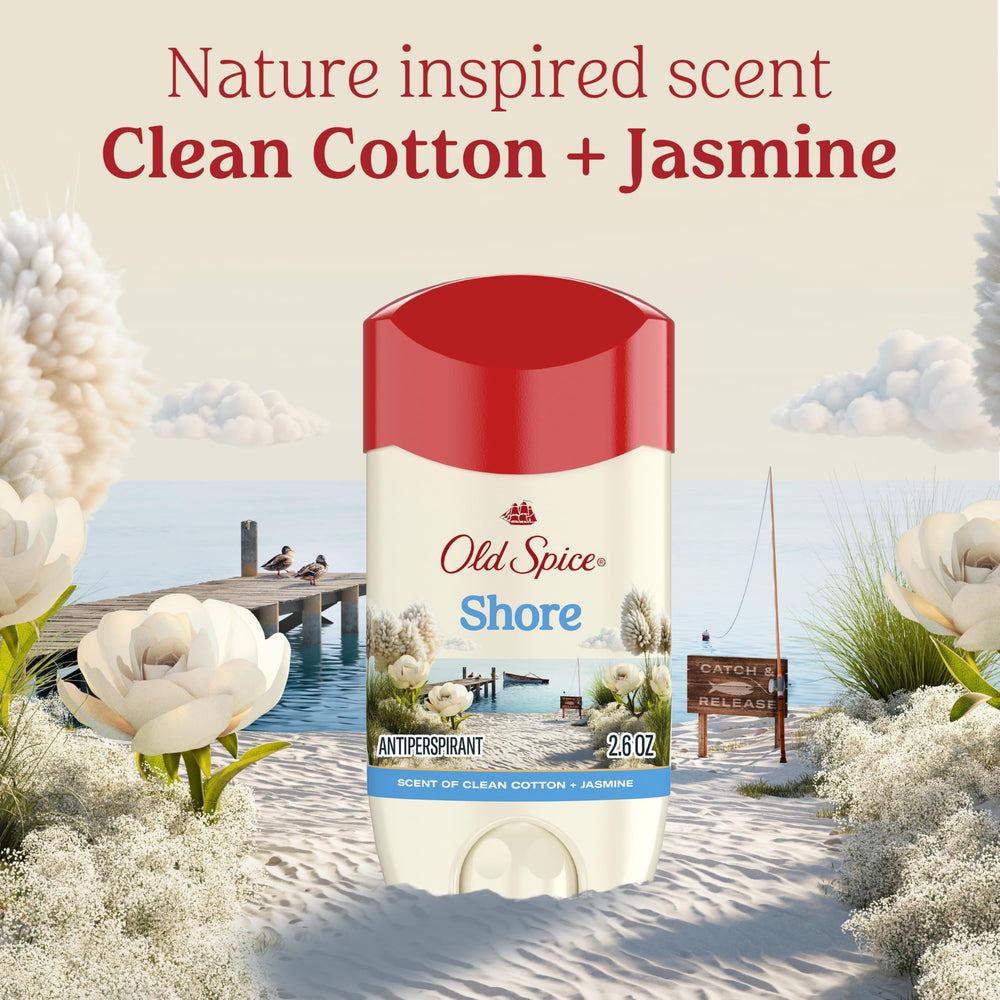 Old Spice Shore deodorant highlighting no aluminum option for comfort.