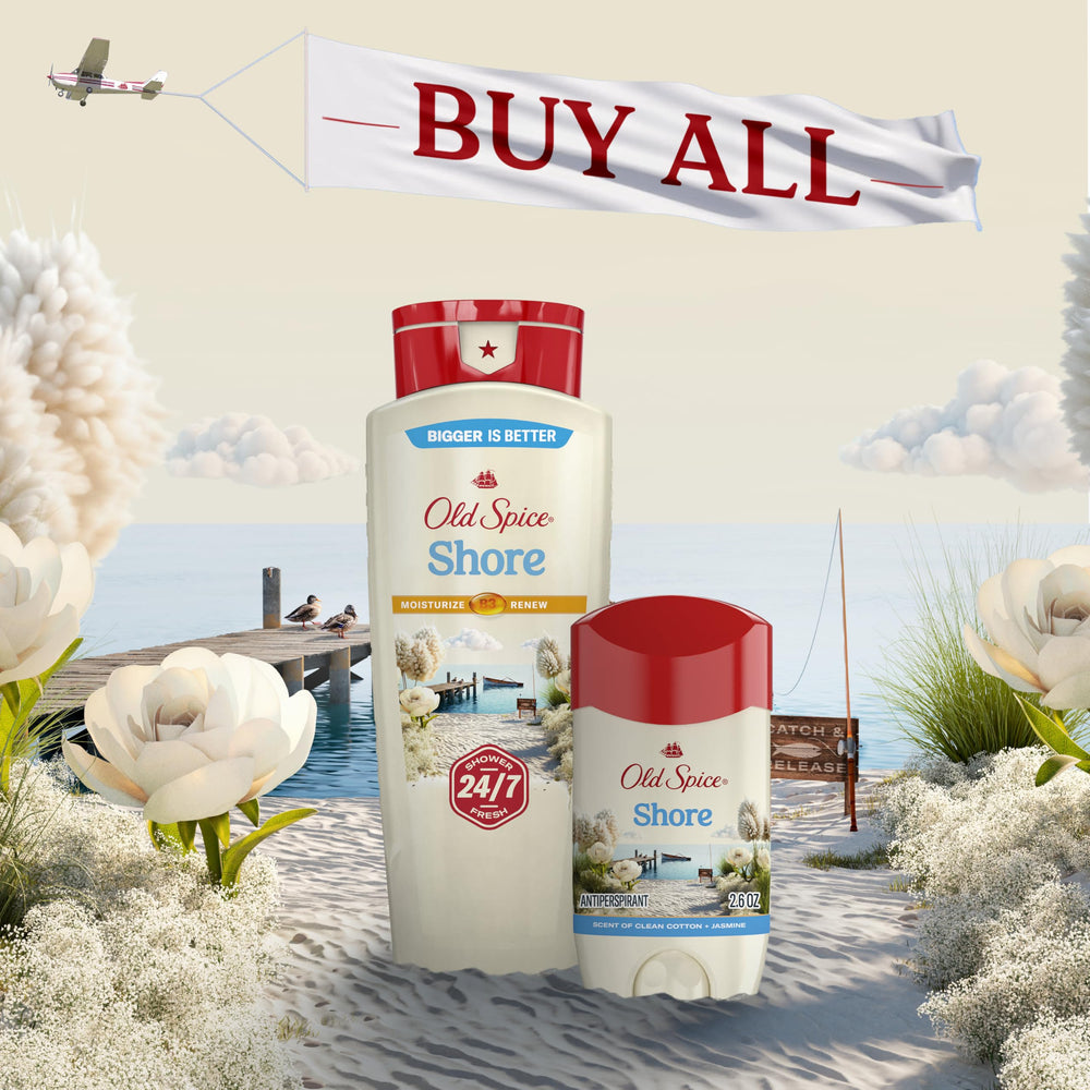 Old Spice Shore deodorant stick in motion suggesting quick application.