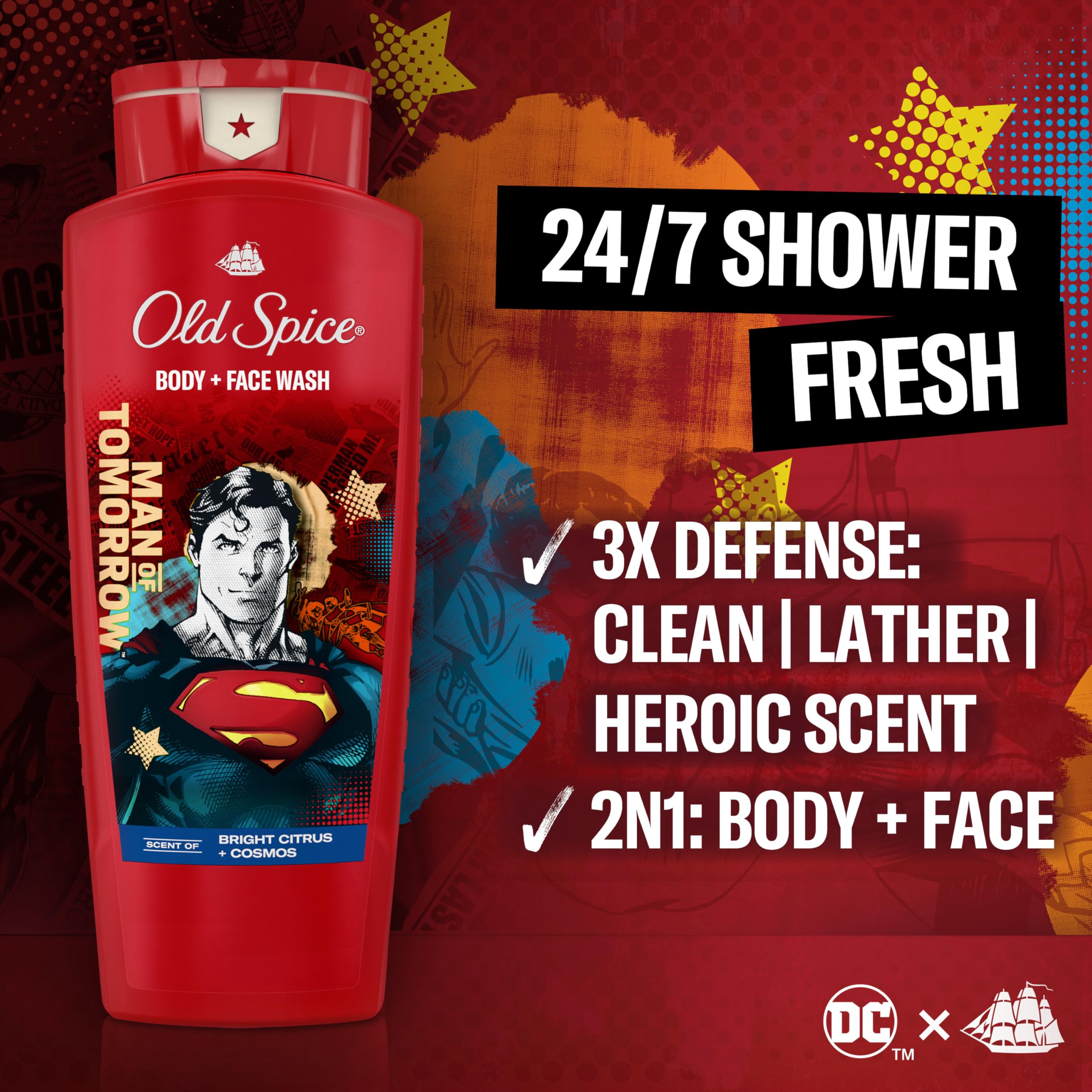 Old Spice Superman, botella dos en uno, perfecto para cuerpo y rostro.