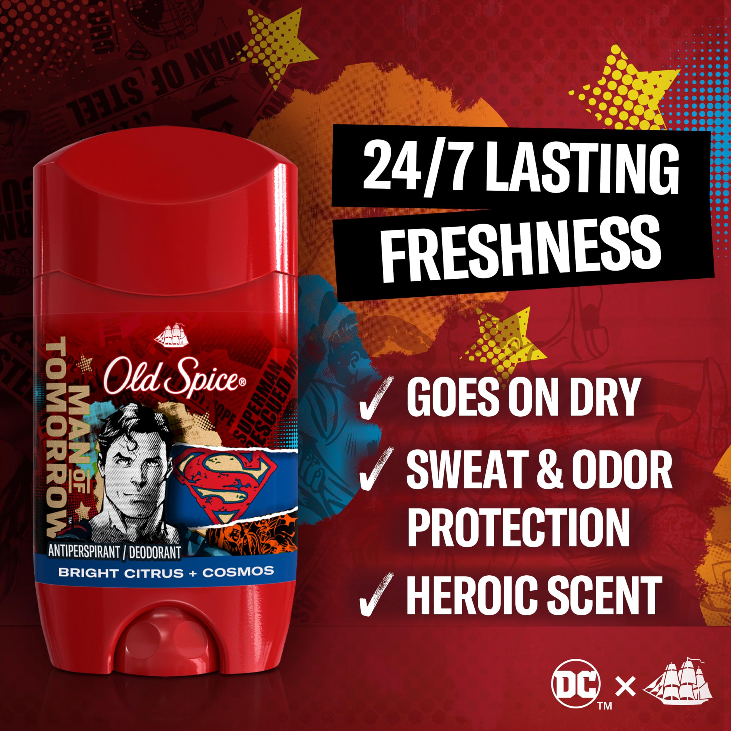 Old Spice Superman stick cap-off close-up highlighting dry application and lasting protection.