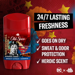 Old Spice Superman stick cap-off close-up highlighting dry application and lasting protection.