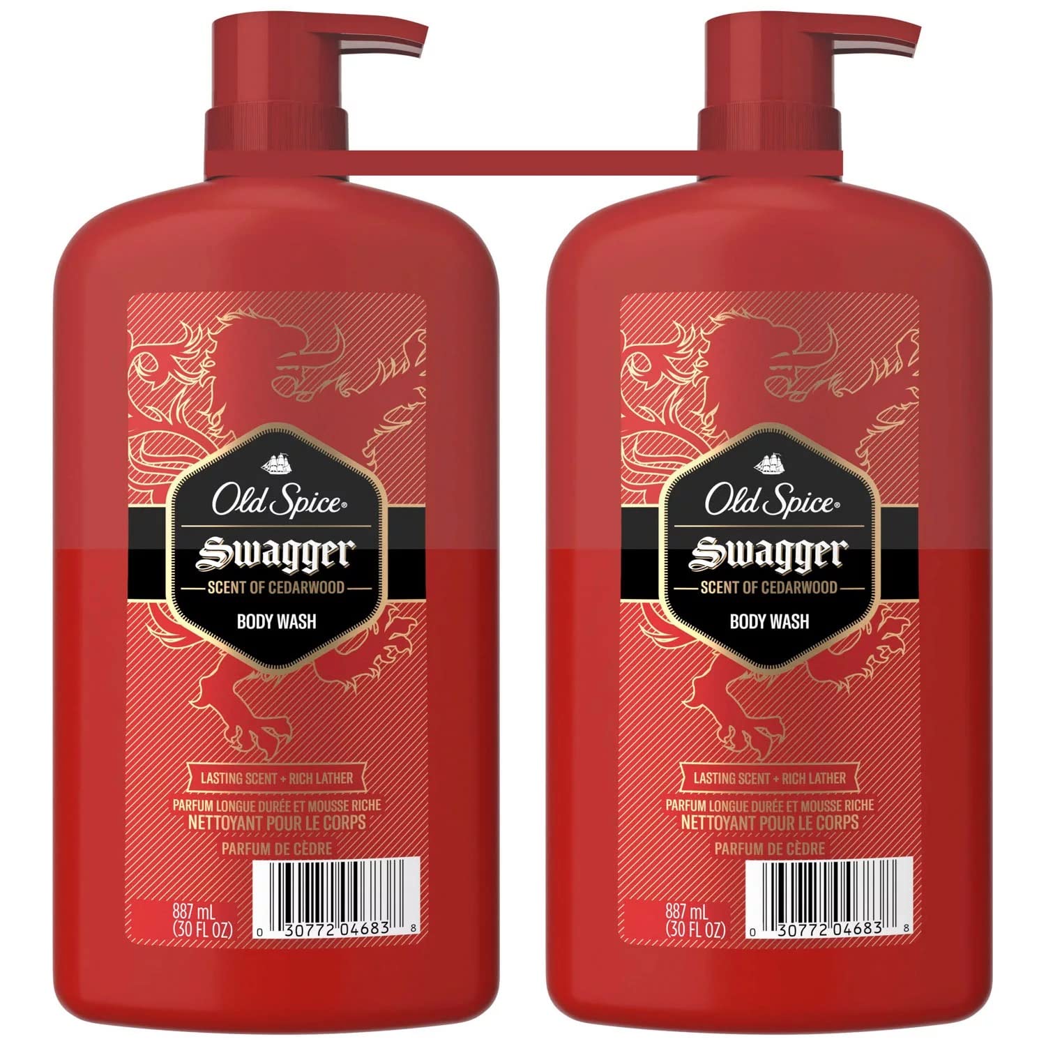 Old Spice Swagger cedarwood body wash bottle providing long-lasting freshness for daily showers.