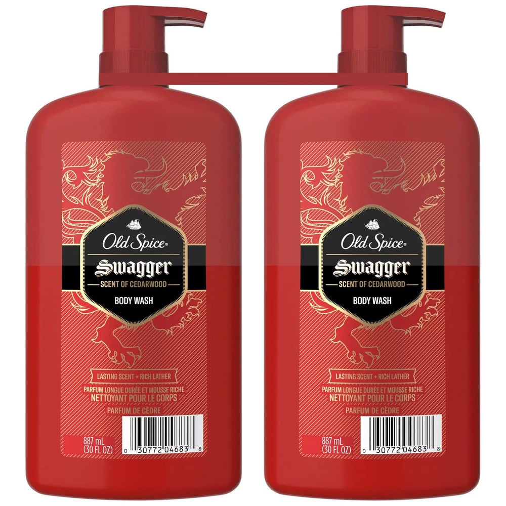 Old Spice Swagger cedarwood body wash bottle providing long-lasting freshness for daily showers.
