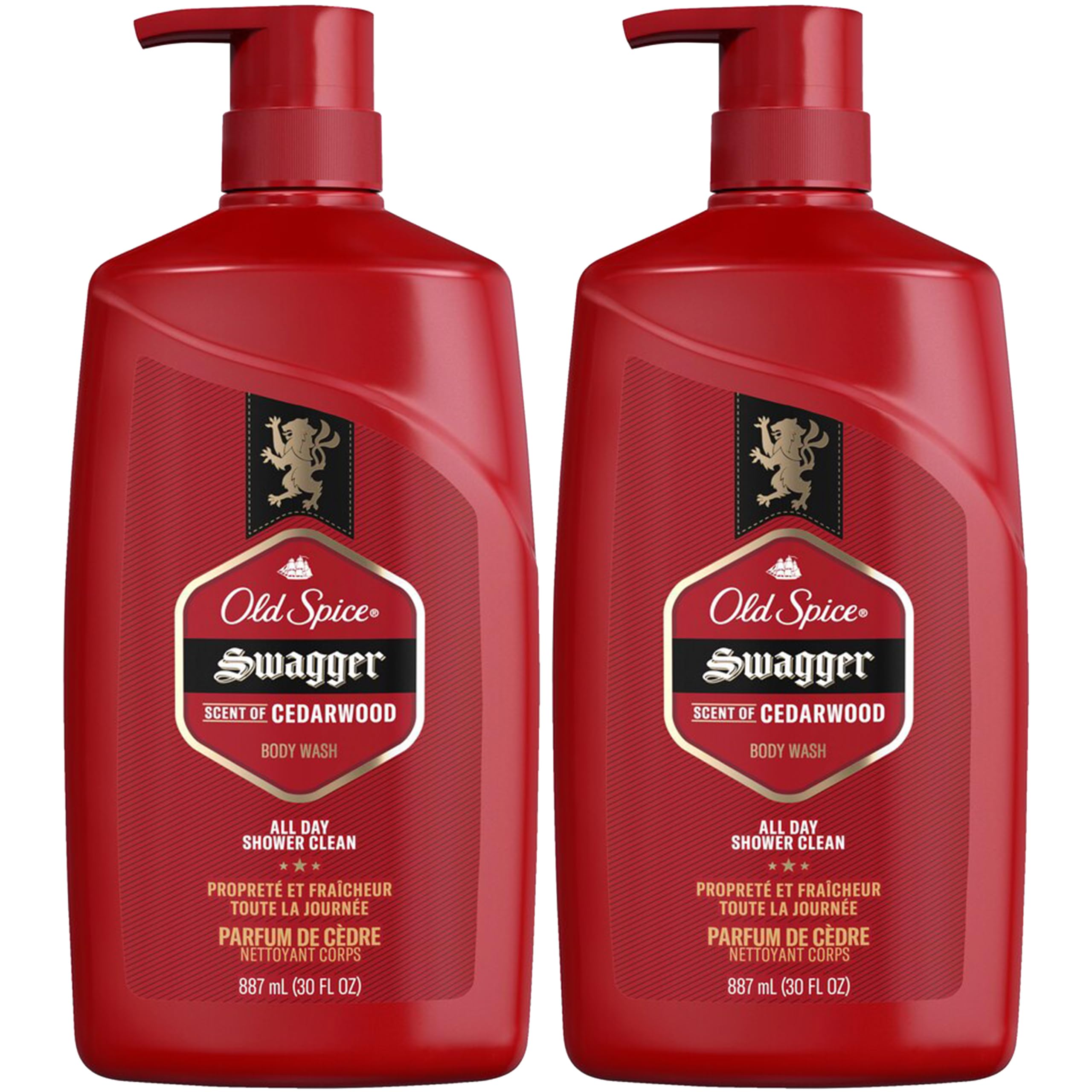 Old Spice Swagger bottle front view, cedarwood and lime scent energize your shower.