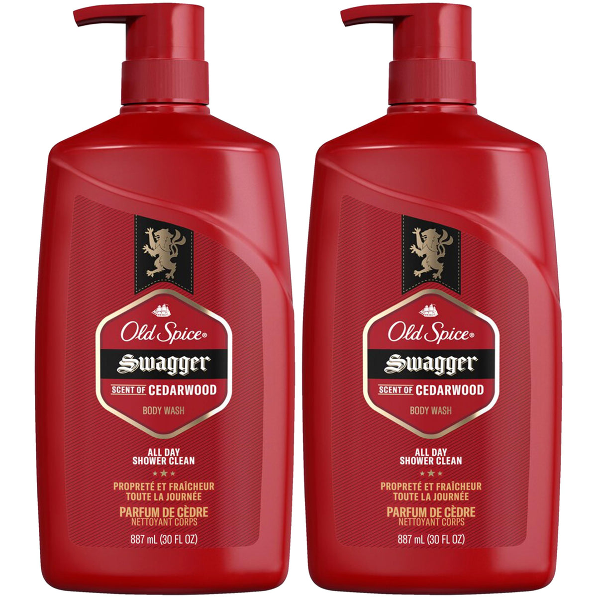 Old Spice Swagger bottle front view, cedarwood and lime scent energize your shower.