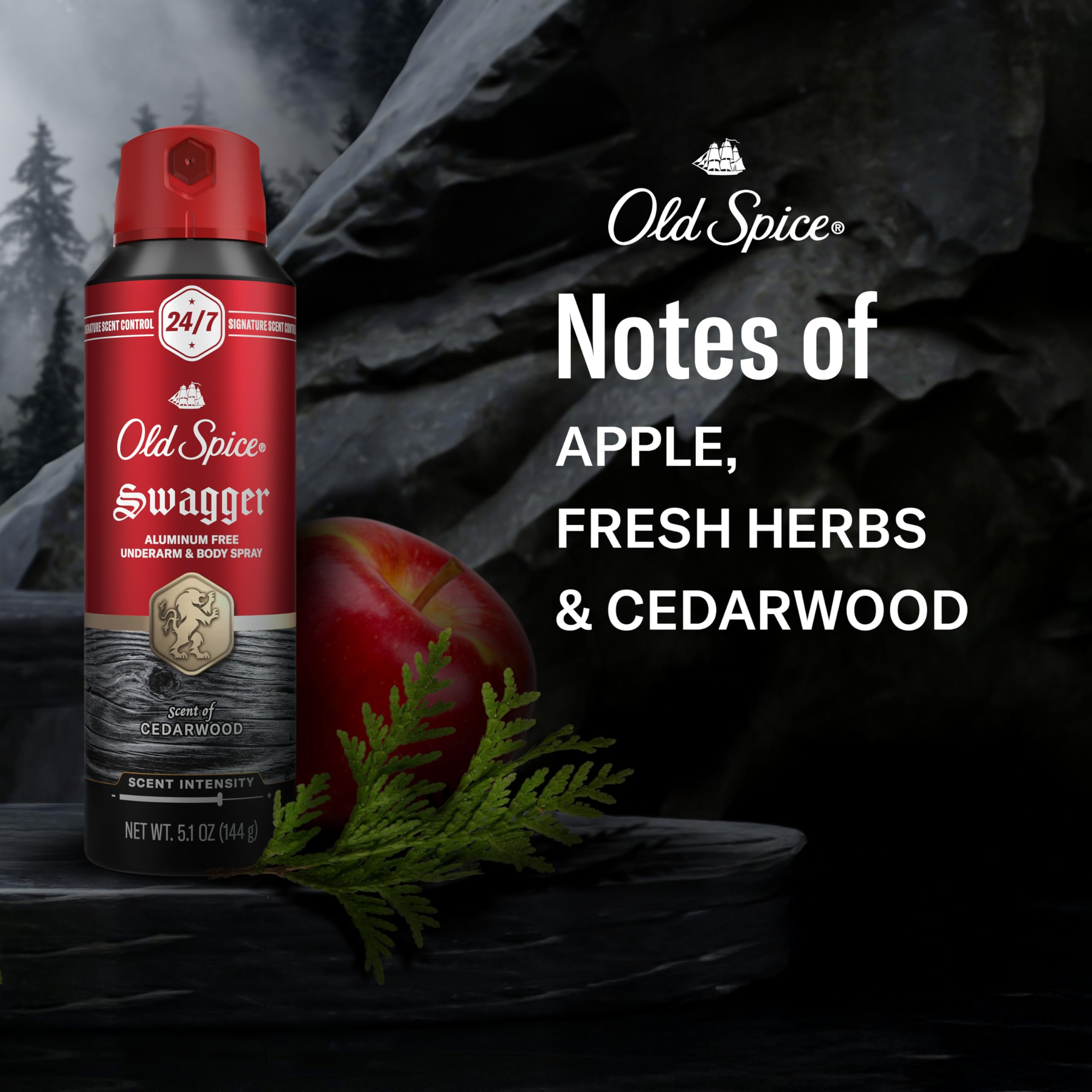 Old Spice swagger cedarwood apple fresh herbs scent label showcases bold fragrance.