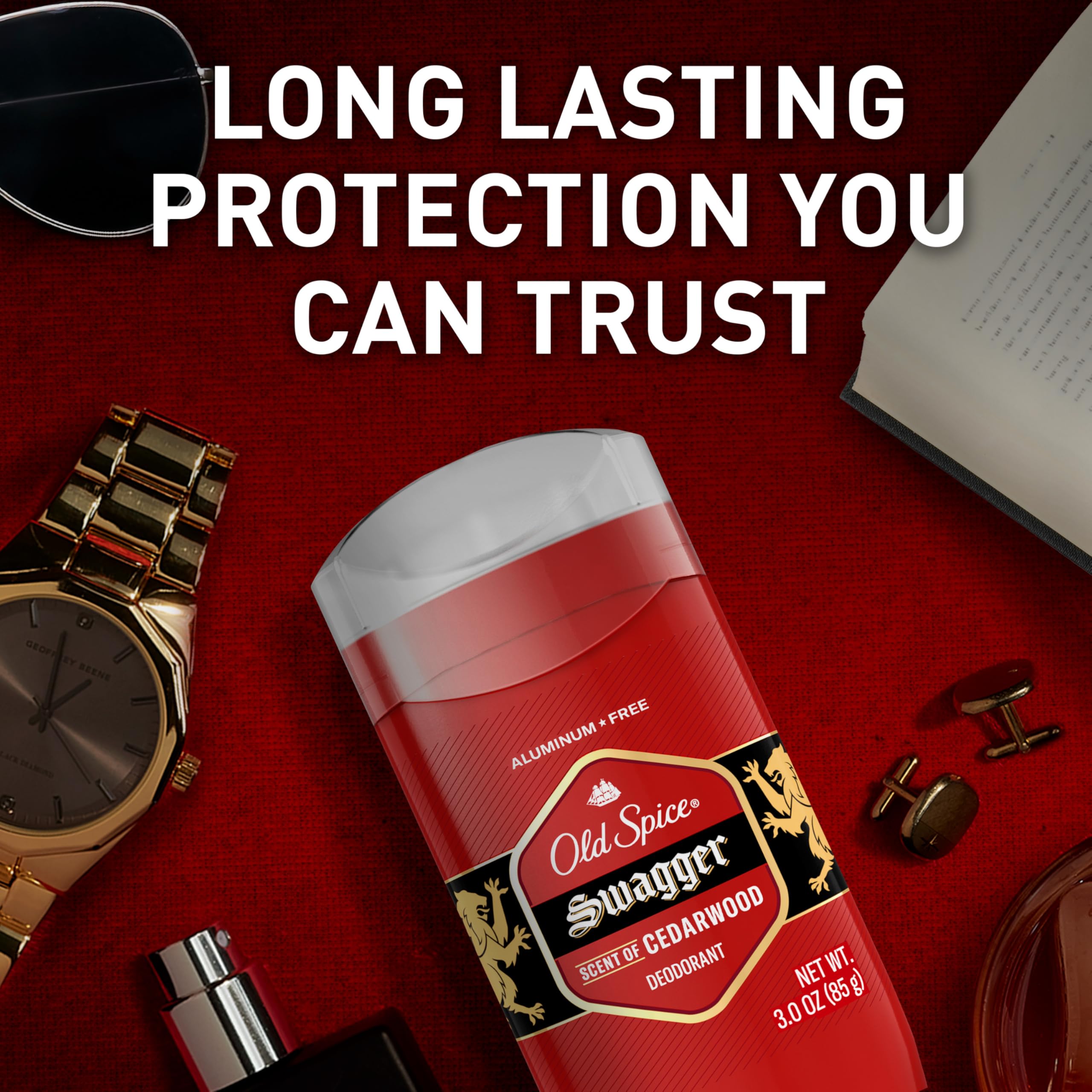 Old Spice Swagger cedarwood scent bottle highlights long-lasting freshness.