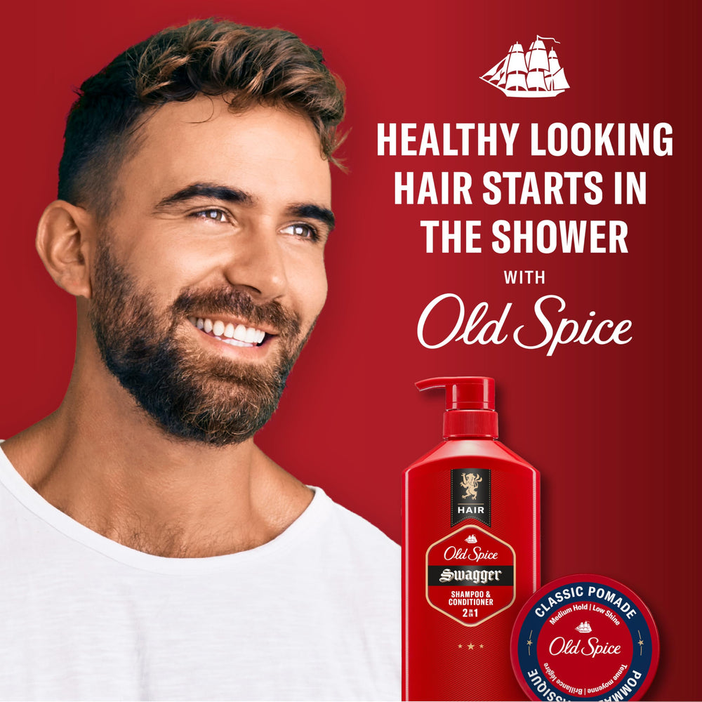 Old Spice Swagger bottle featuring a styled man suggests confident daily use.