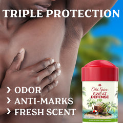 Old Spice Sweat Defense packaging box shows 24/7 protection for all-day confidence.
