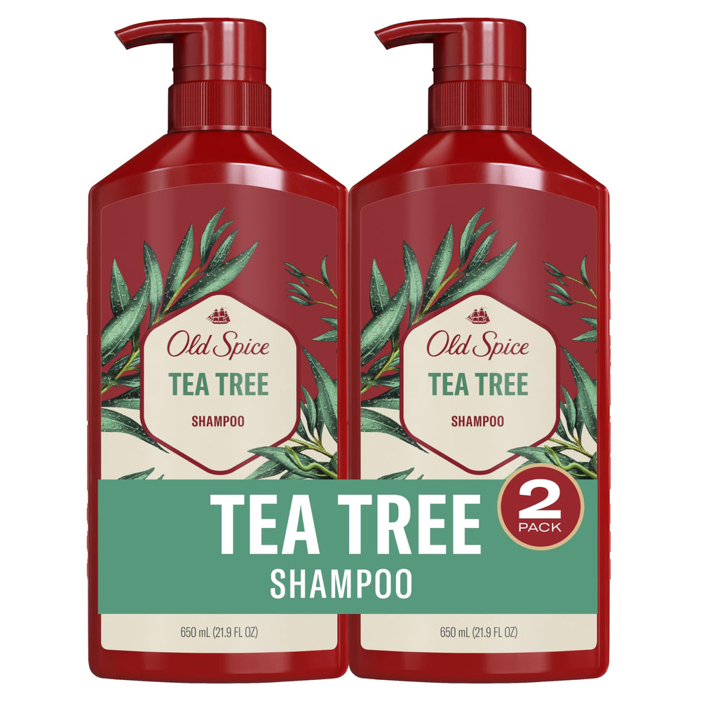 Old Spice Tea Tree Champú para hombres en botella, limpia profundamente y aporta frescura.