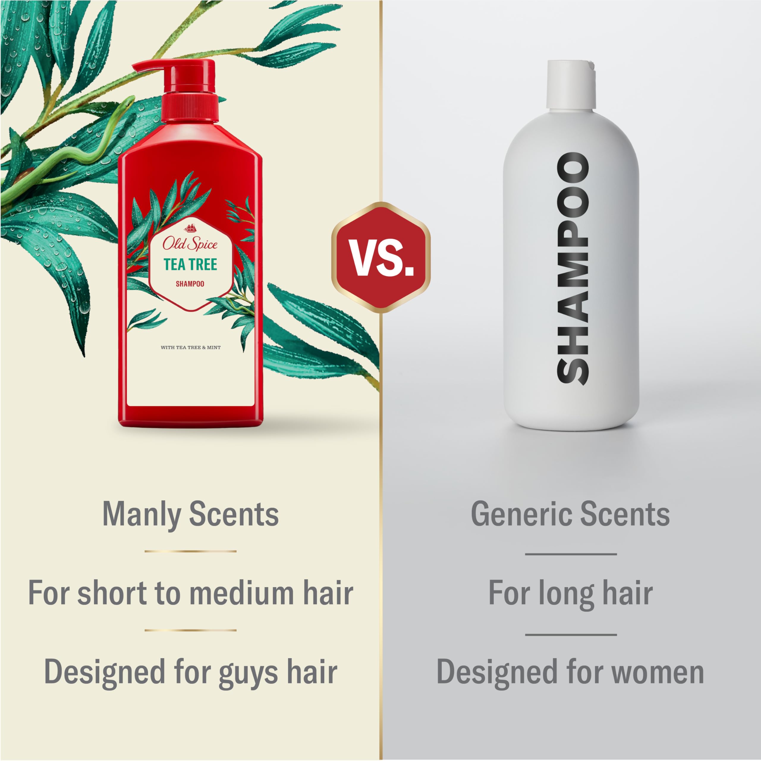 Dos frascos de Old Spice Tea Tree Champú para hombres en un paquete doble.