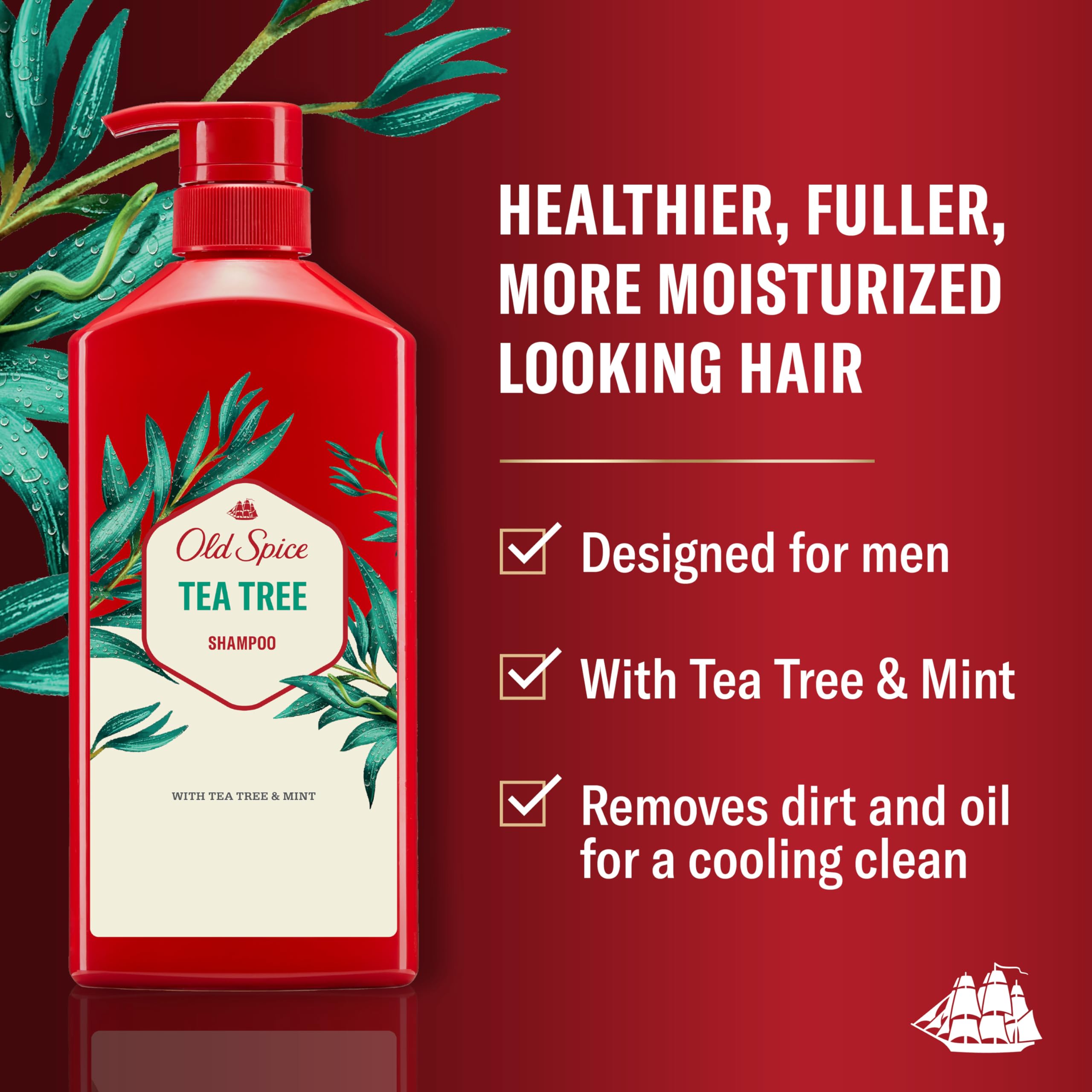 Espuma rica de Old Spice Tea Tree Champú para hombres limpia y refresca el cabello.