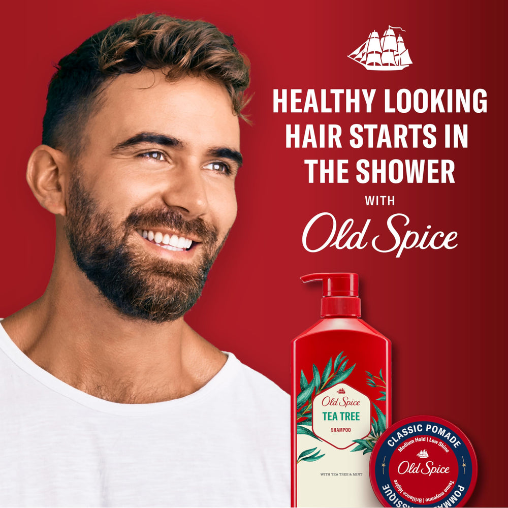 Limpieza profunda con Old Spice Tea Tree Champú para hombres en cabellos variados.