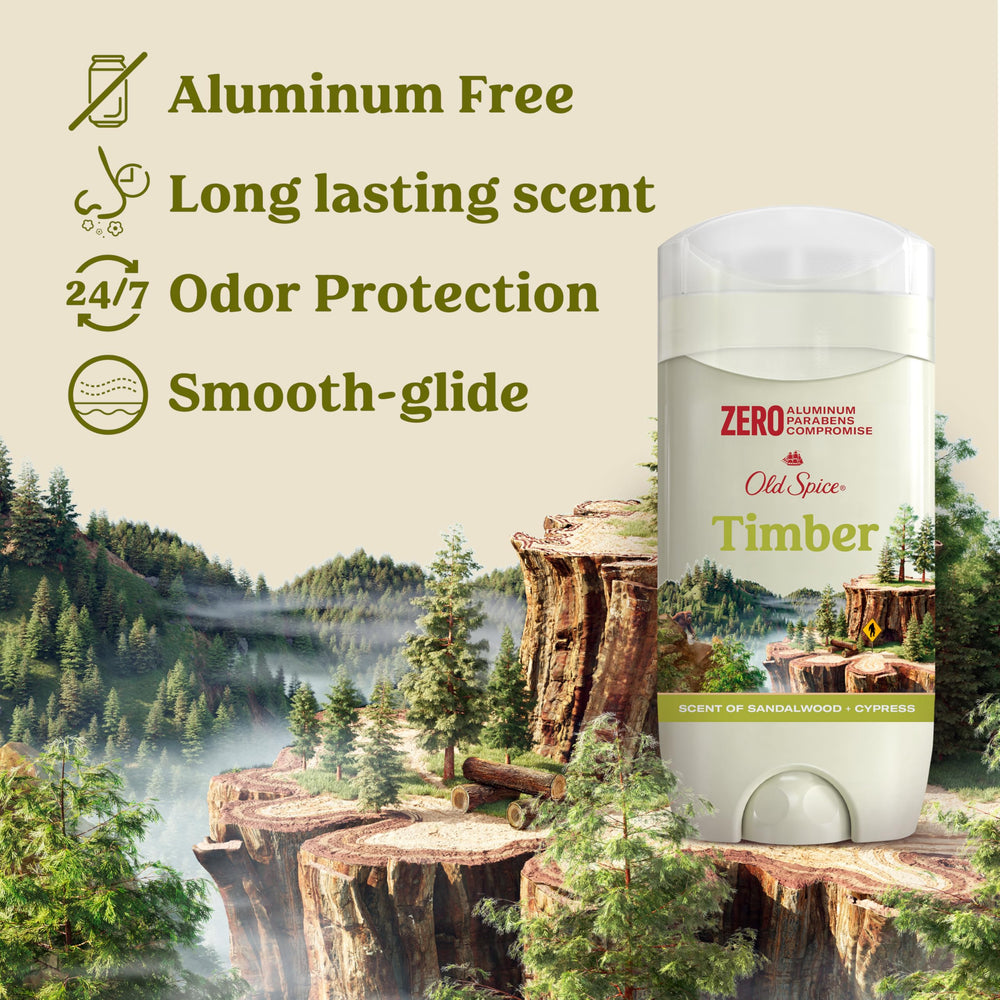 Old Spice Timber deodorant tonka bean image highlights a lasting fragrance.