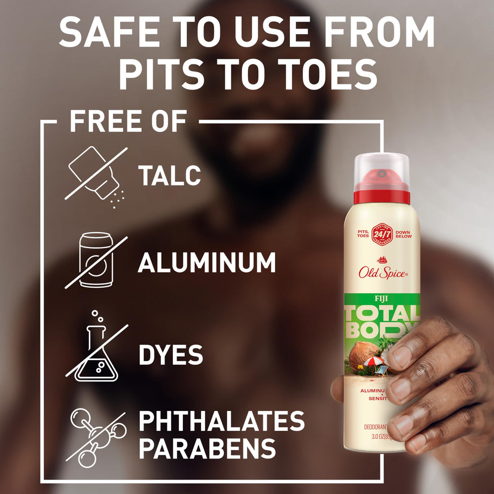 Old Spice Total Body Fiji, etiqueta frontal visible, frasco elegante para uso diario.