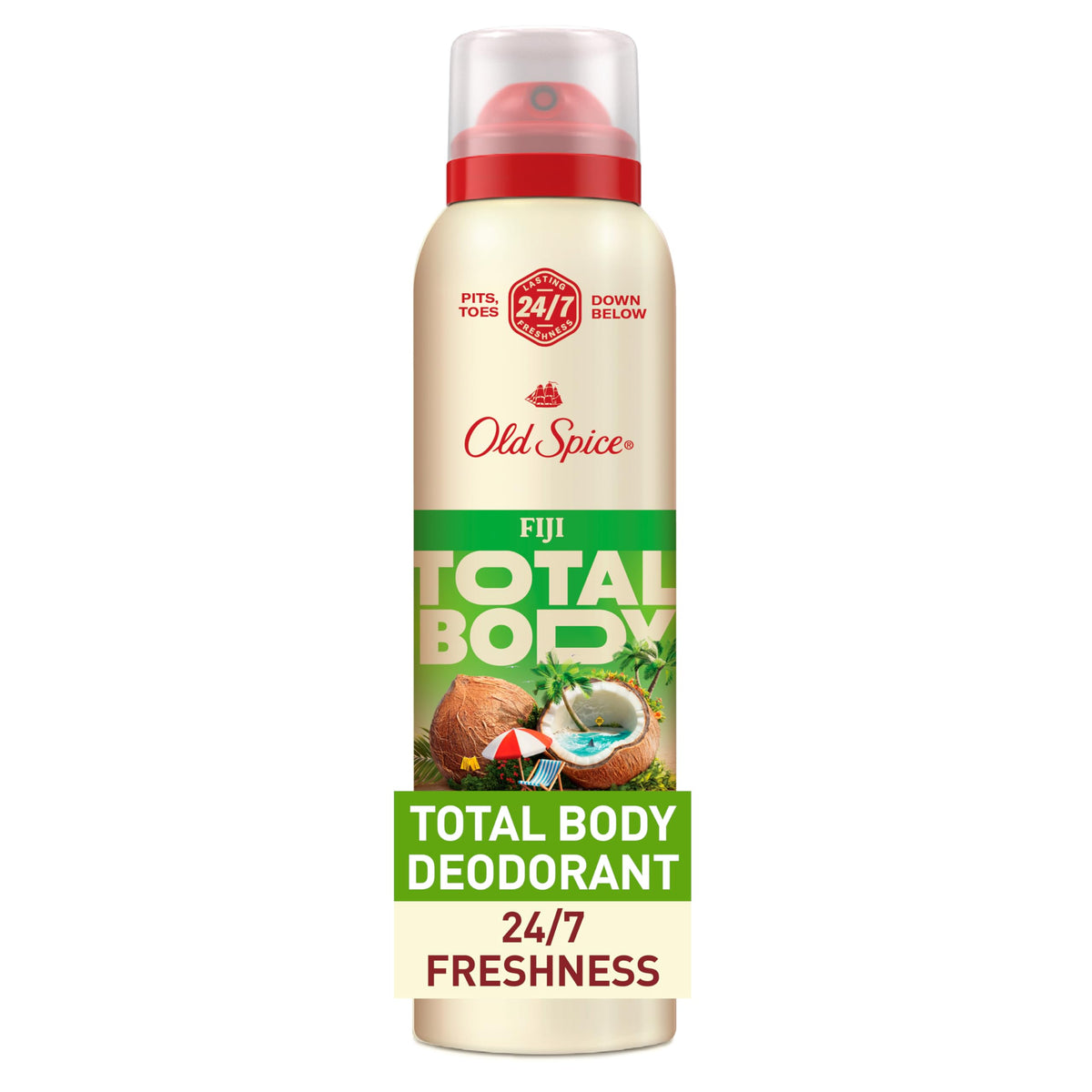 Old Spice Total Body Fiji, frasco visible, aroma refrescante para uso diario en todo el cuerpo.