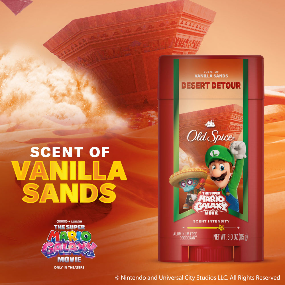 Old Spice Vanilla Sands label on deodorant highlighting inviting aroma.