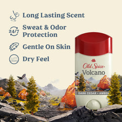 Old Spice Volcano antiperspirant stick back view with label and long-lasting promise.