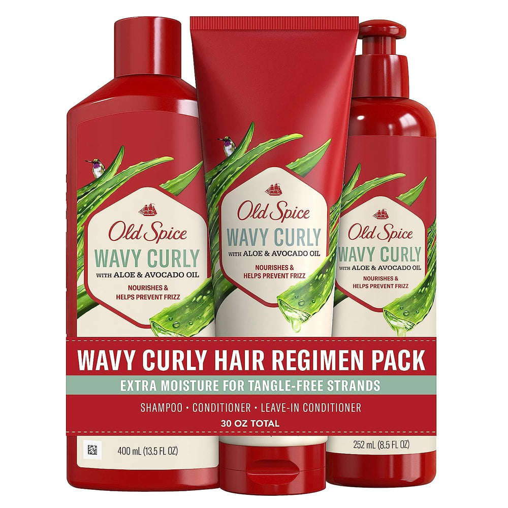 Old Spice Wavy Curly Shampoo bottle highlighting Aloe & Avocado Oil for scalp hydration