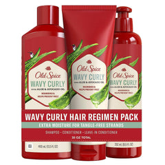 Old Spice Wavy Curly Shampoo bottle highlighting Aloe & Avocado Oil for scalp hydration
