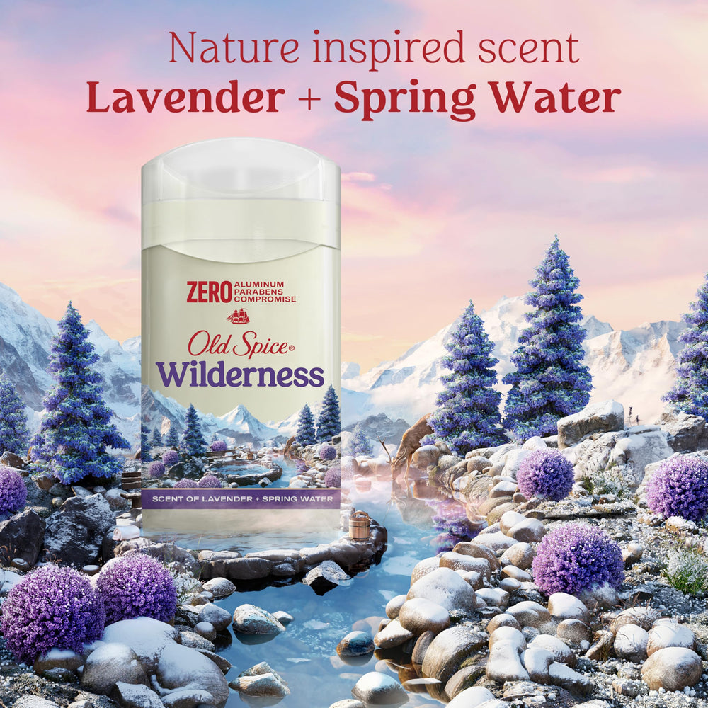Outdoor adventure scene evokes the Wilderness Lavender scent and fresh notes.