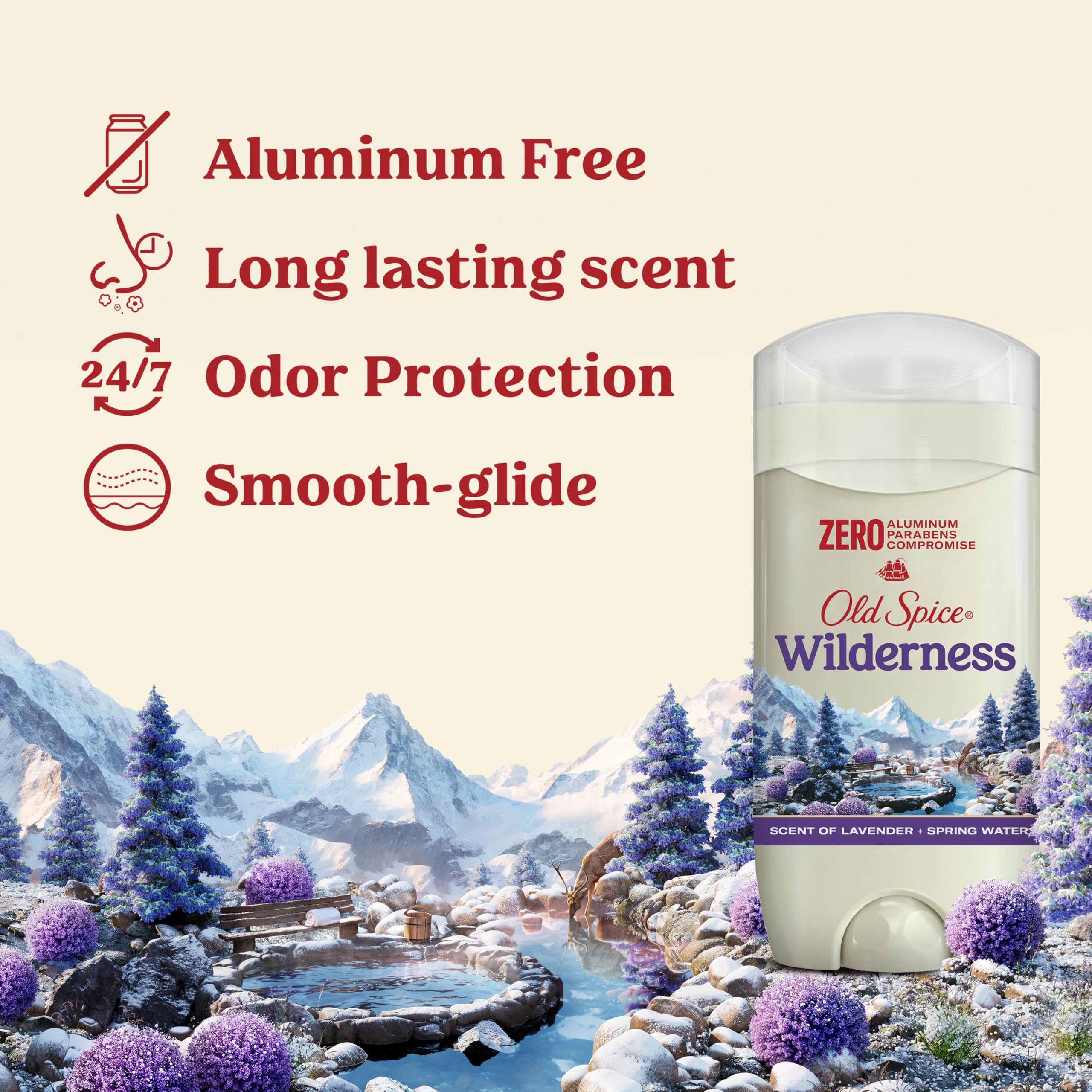 Old Spice Wilderness Lavender packaging shows aluminum-free formula for a clean finish.